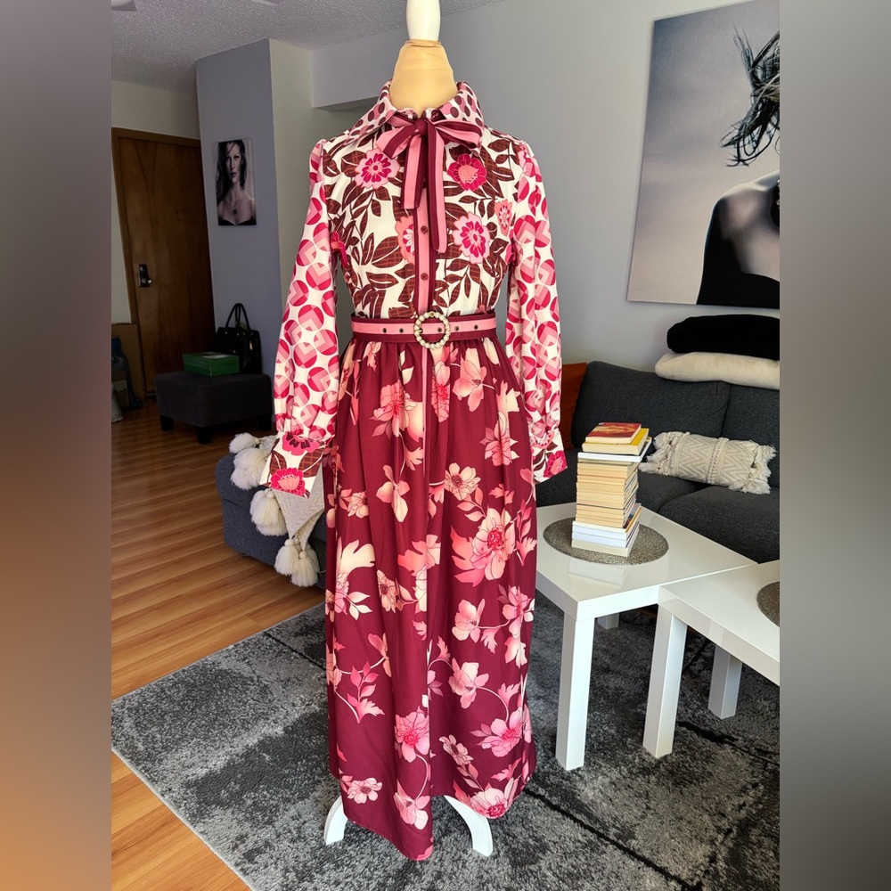 Floral Tie-Neck Maxi Dress in Berry Pink